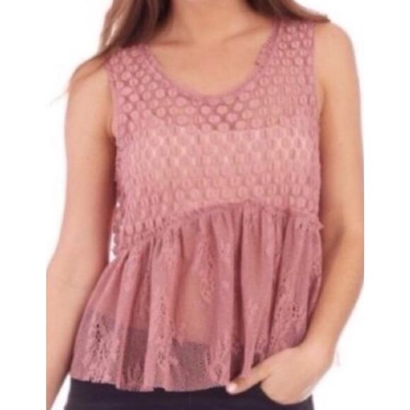Free People Rustic Pink Lace Ruffle Sleeveless Crop Tank Top Sz S Sheer - Picture 1 of 8